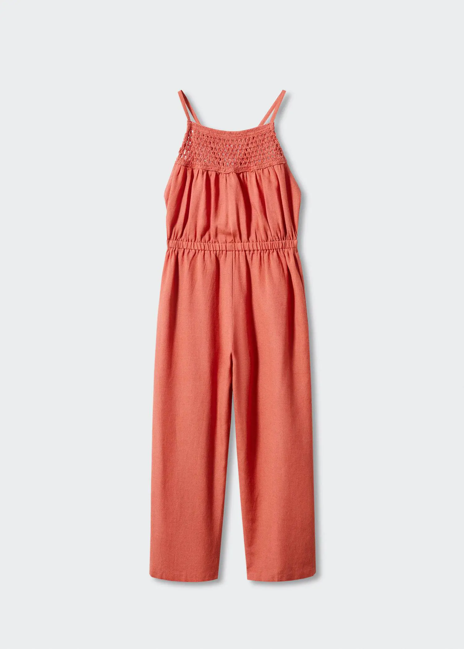 Mango Jumpsuit with crochet detail. a coral colored jumpsuit with spaghetti straps and an elastic waist. 