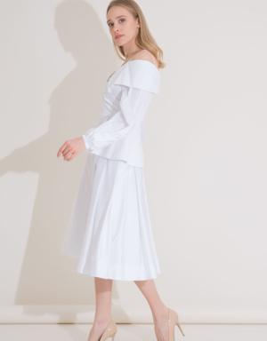 High Waist Corsage White Pleated Midi Skirt