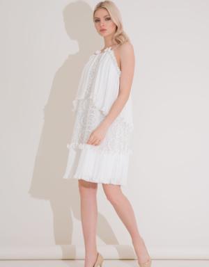 Lace Detailed Strap Mini Ecru Dress