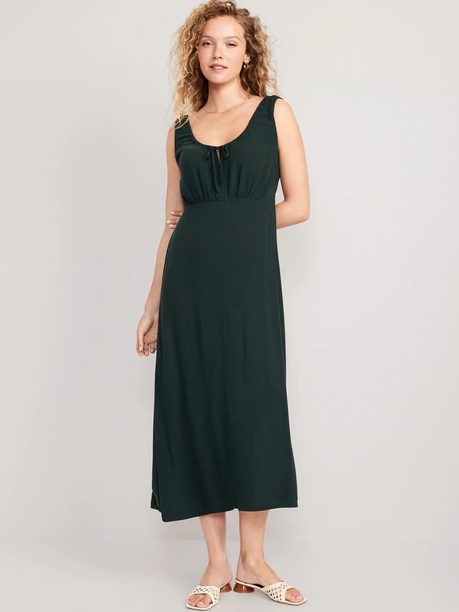 Old Navy Waist-Defined Tie-Front Midi Dress for Women green. 1