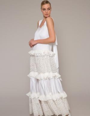 Long Lace Frilly White Dress With Thick Straps
