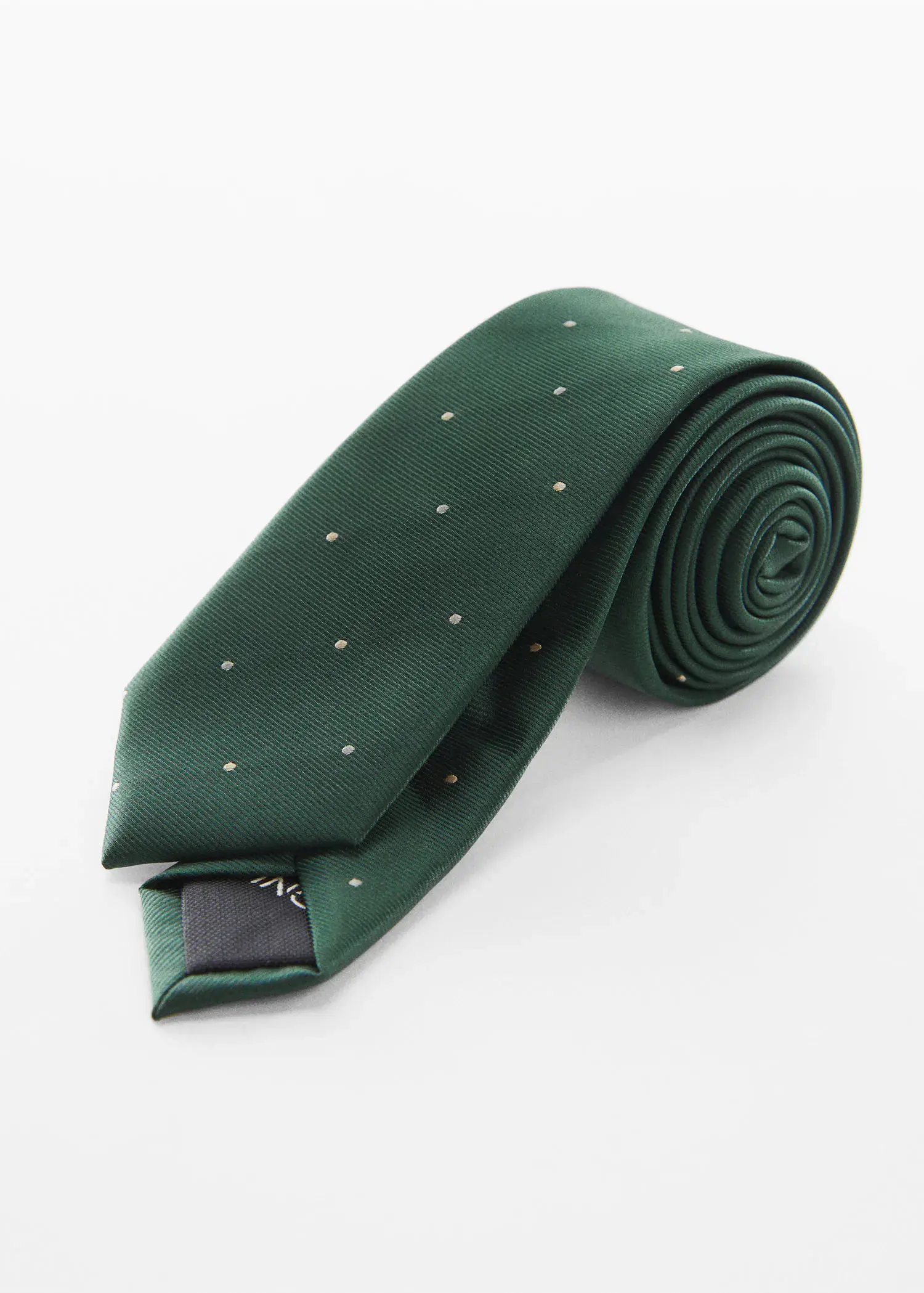 Mango Tie with micro polka-dot structure. a green neck tie with white polka dots. 