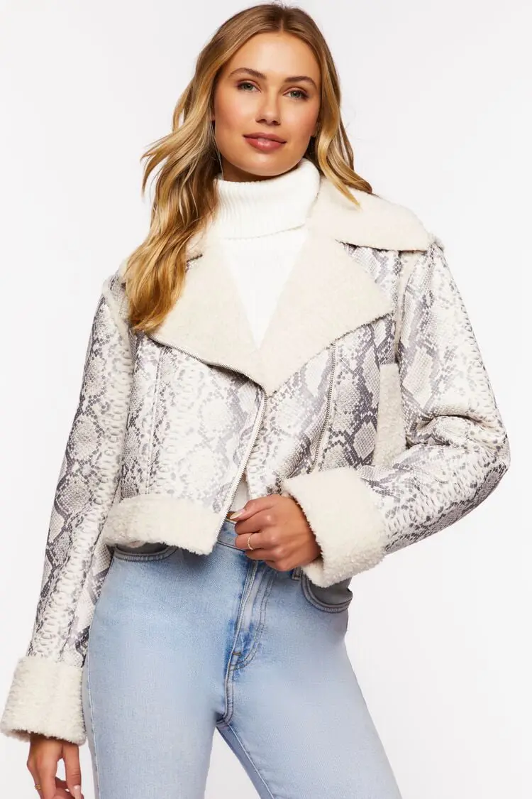 Forever 21 Forever 21 Snakeskin Print Moto Jacket Ivory. 1