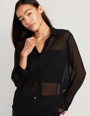 Chiffon Button-Down Shirt for Women black