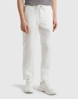 trousers in pure linen with drawstring