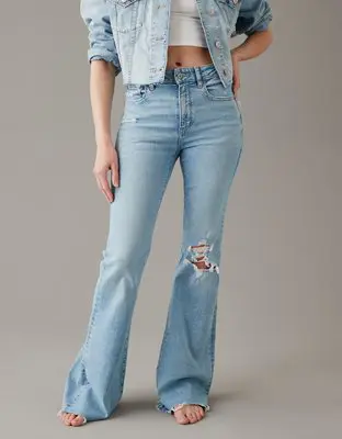 American Eagle Next Level Ripped Super High-Waisted Flare Jean. 1