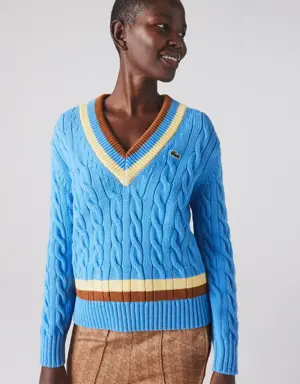 Women's V-Neck Cable Knit Wool Sweater
