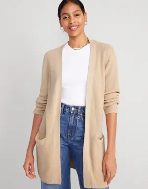 Textured Long-Line Open-Front Sweater for Women beige