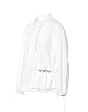 Asymmetric Embroidered White Shirt With Ruffle Detail