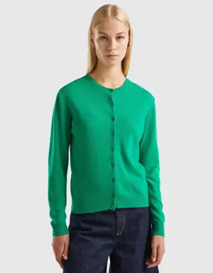 green crew neck cardigan in pure merino wool