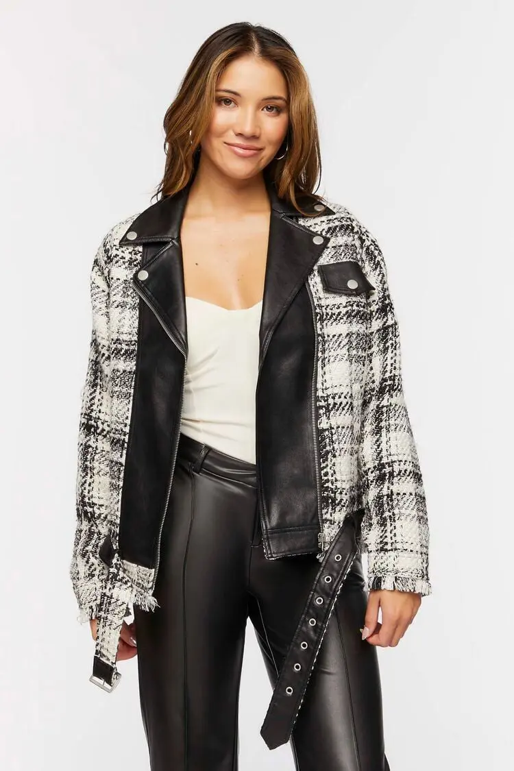 Forever 21 Forever 21 Tweed &amp; Faux Leather Moto Jacket Black/Cream. 1