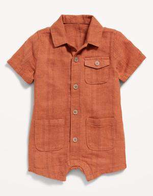 Short-Sleeve Textured-Dobby Linen-Blend Utility Romper for Baby brown