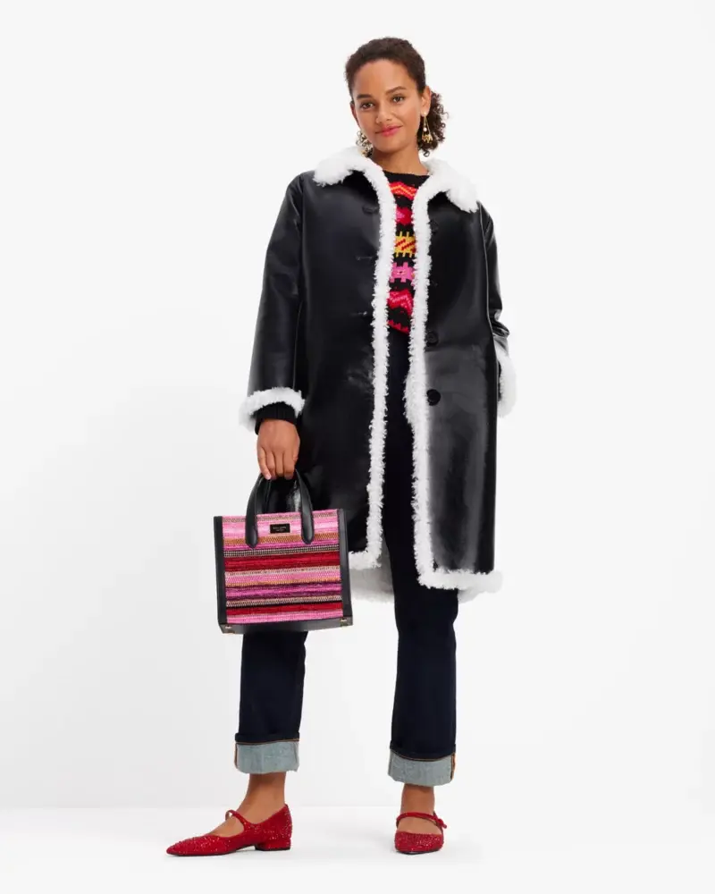 Kate Spade Reversible Faux Patent Shearling Coat. 1