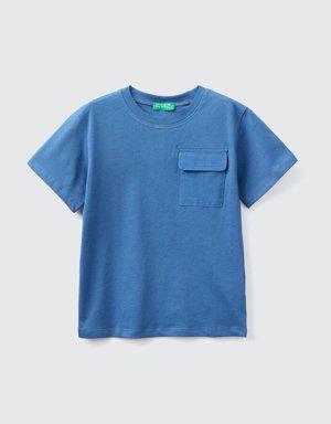 Erkek Çocuk Saks Mavi Omzu Slogan Baskılı Cepli T Shirt