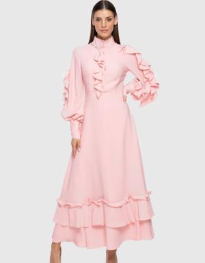 Flounce And Embroidered Detail Stand Up Collar Pink Crepe Dress