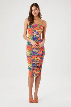 Forever 21 Forever 21 Tropical Print Bodycon Midi Dress Pink/Multi. 2