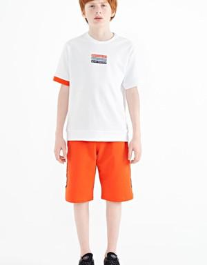 Beyaz Yazı Nakışlı O Yaka Oversize Erkek Çocuk T-Shirt - 11146