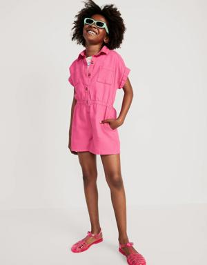 Short-Sleeve Cinched-Waist Twill Utility Romper for Girls pink