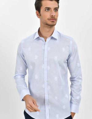 Mavi Slim Fit Desenli 100% Pamuk Uzun Kol Spor Gömlek