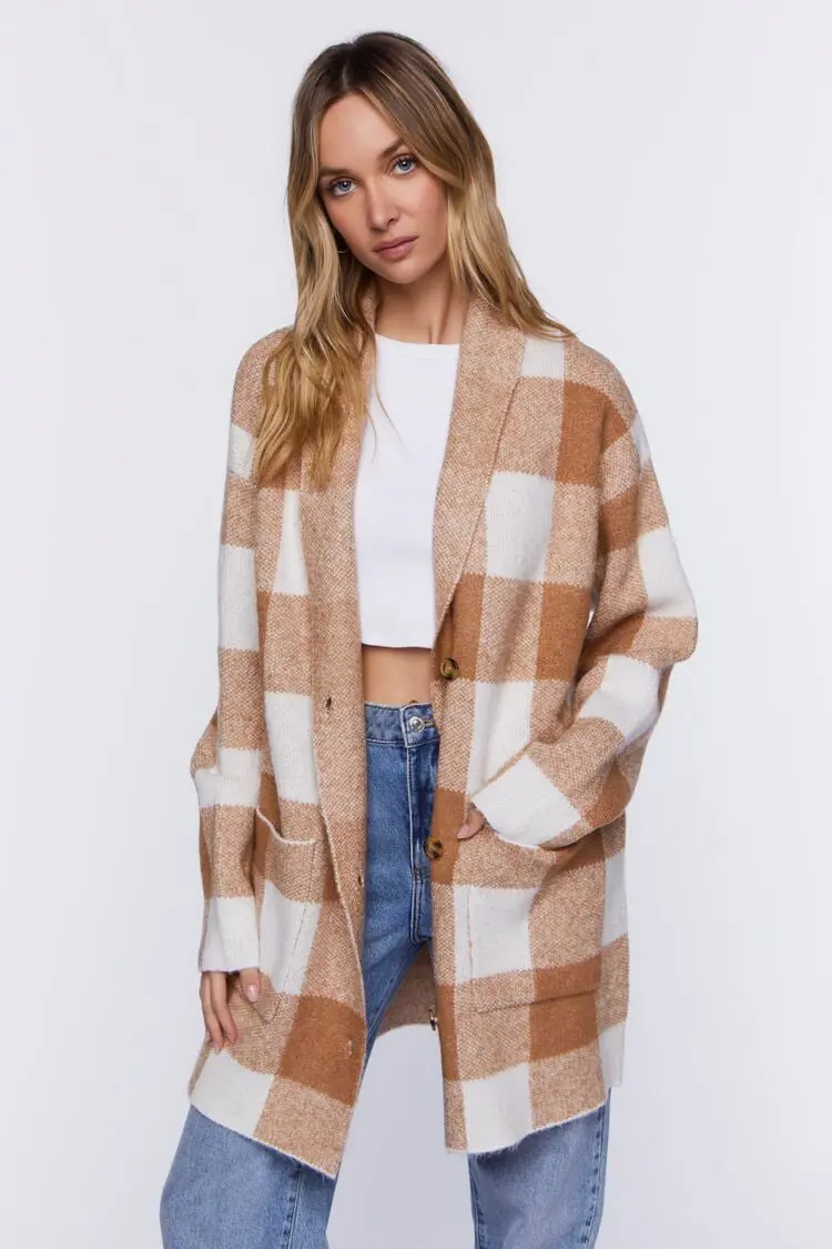 Forever 21 Forever 21 Buffalo Plaid Longline Cardigan Sweater Ivory/Beige. 1