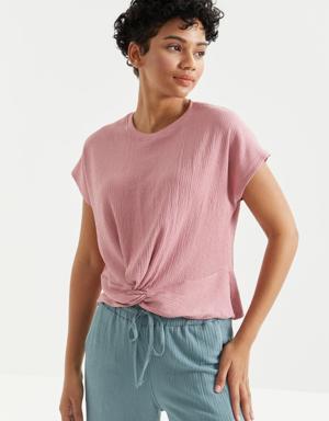 Gül Kurusu O Yaka Önü Büzgü Detaylı Bürümcük Kumaş Kadın Crop Top T-Shirt - 97228