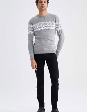 Regular Fit Bisiklet Yaka Desenli Triko Kazak