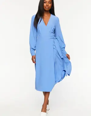 Forever 21 Surplice Long Sleeve Wrap Midi Dress Blue