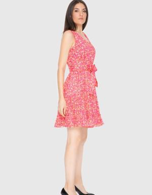 Floral Patterned Pink V-Neck Mini Dress
