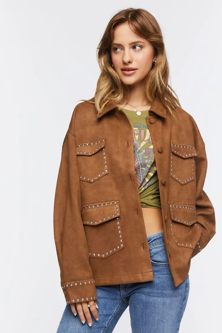 Forever 21 Forever 21 Faux Suede Studded Shacket Brown. 1