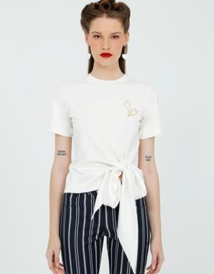 Short Sleeve Ecru Blouse With Heart Pattern With Belt Detail