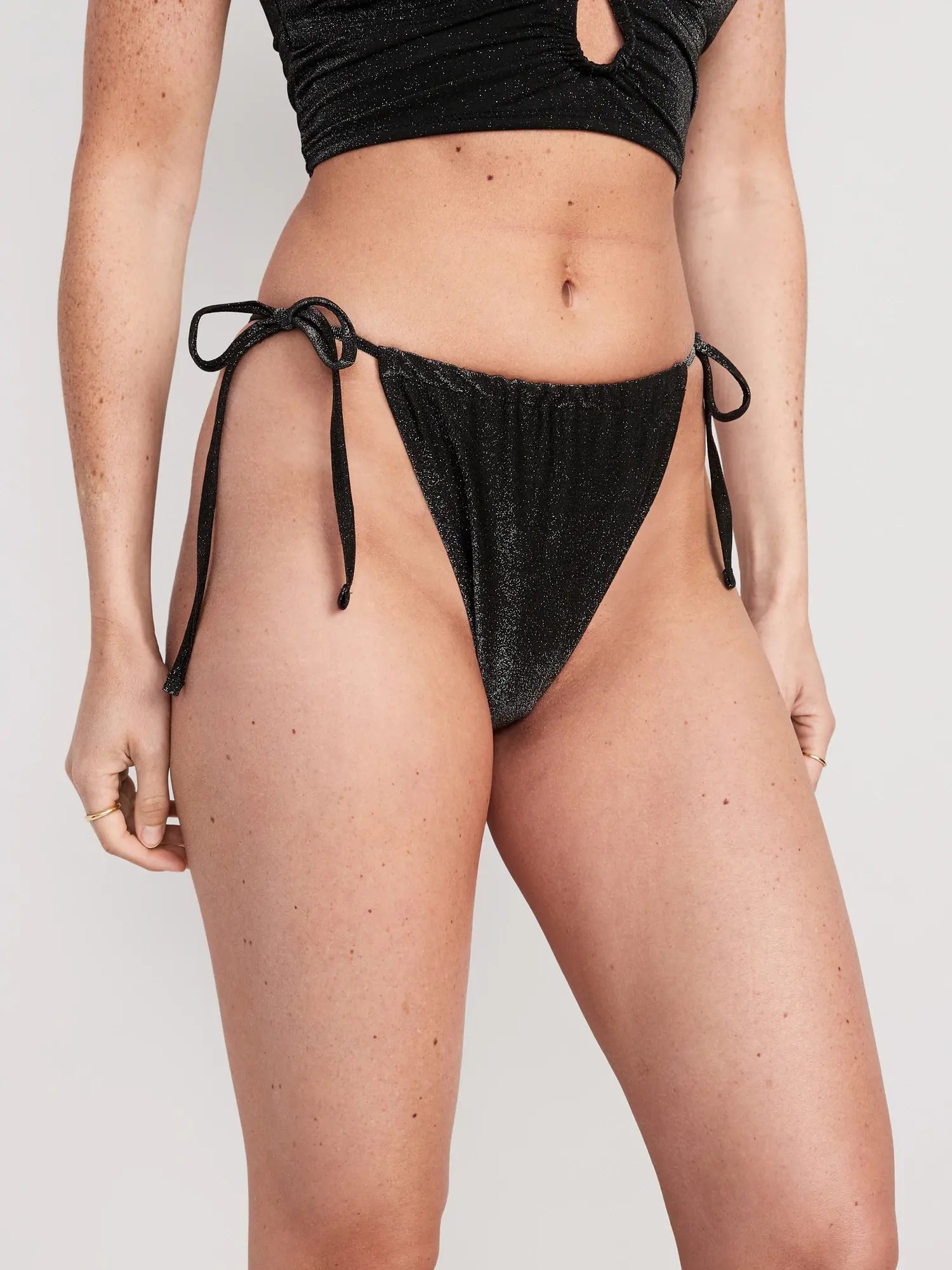 Old Navy High-Waisted Metallic Shine String Bikini Swim Bottoms for Women black. 1