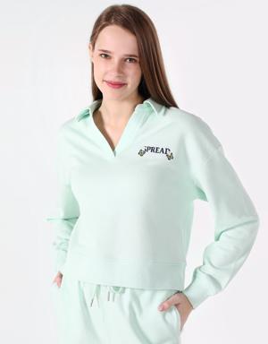 Regular Fit V Yaka Yeşil Kadın Sweatshirt