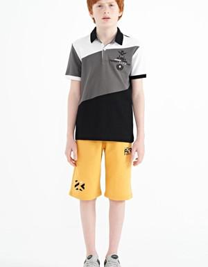 Siyah Renk Bloklu Nakış Detaylı Standart Kalıp Polo Yaka Erkek Çocuk T-shirt - 11088