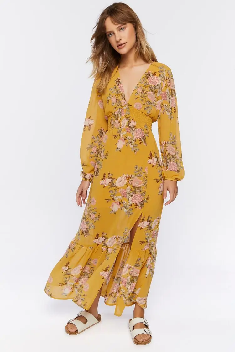 Forever 21 Forever 21 Plunging Floral Print Maxi Dress Mustard/Multi. 1