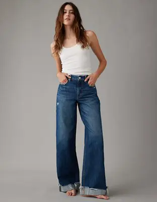 American Eagle Super High-Waisted Baggy Wide-Leg Cuffed Jean. 1