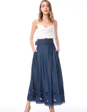 Belted High Waist Embroidered Long Blue Skirt