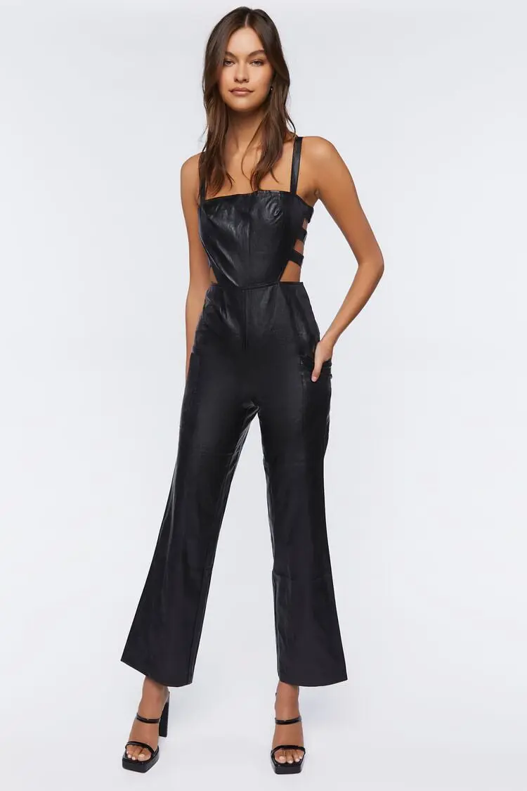 Forever 21 Forever 21 Faux Leather Cutout Jumpsuit Black. 1