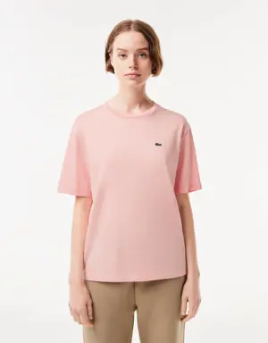 Lacoste T-shirt da donna in cotone di qualità elevata con collo rotondo