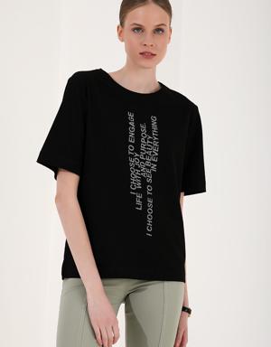 Siyah Dikey Yazı Baskılı O Yaka Kadın Oversize T-Shirt - 97138