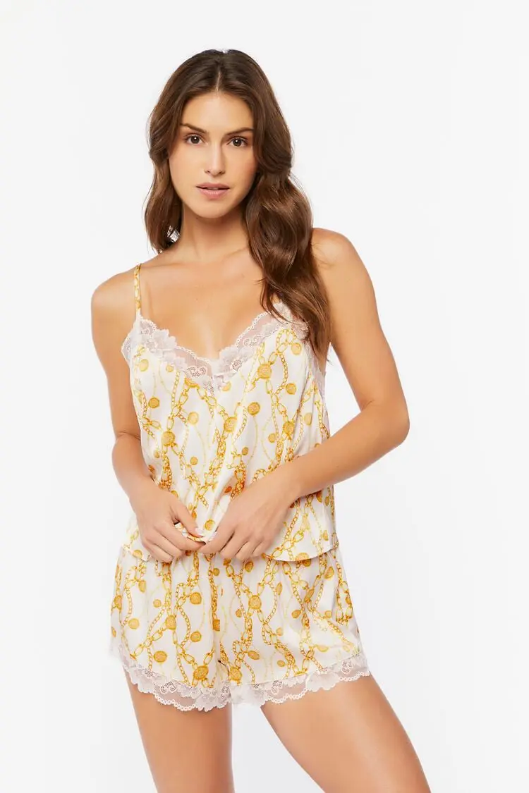 Forever 21 Forever 21 Chain Print Lace Trim Cami &amp; Shorts Set White/Yellow. 1
