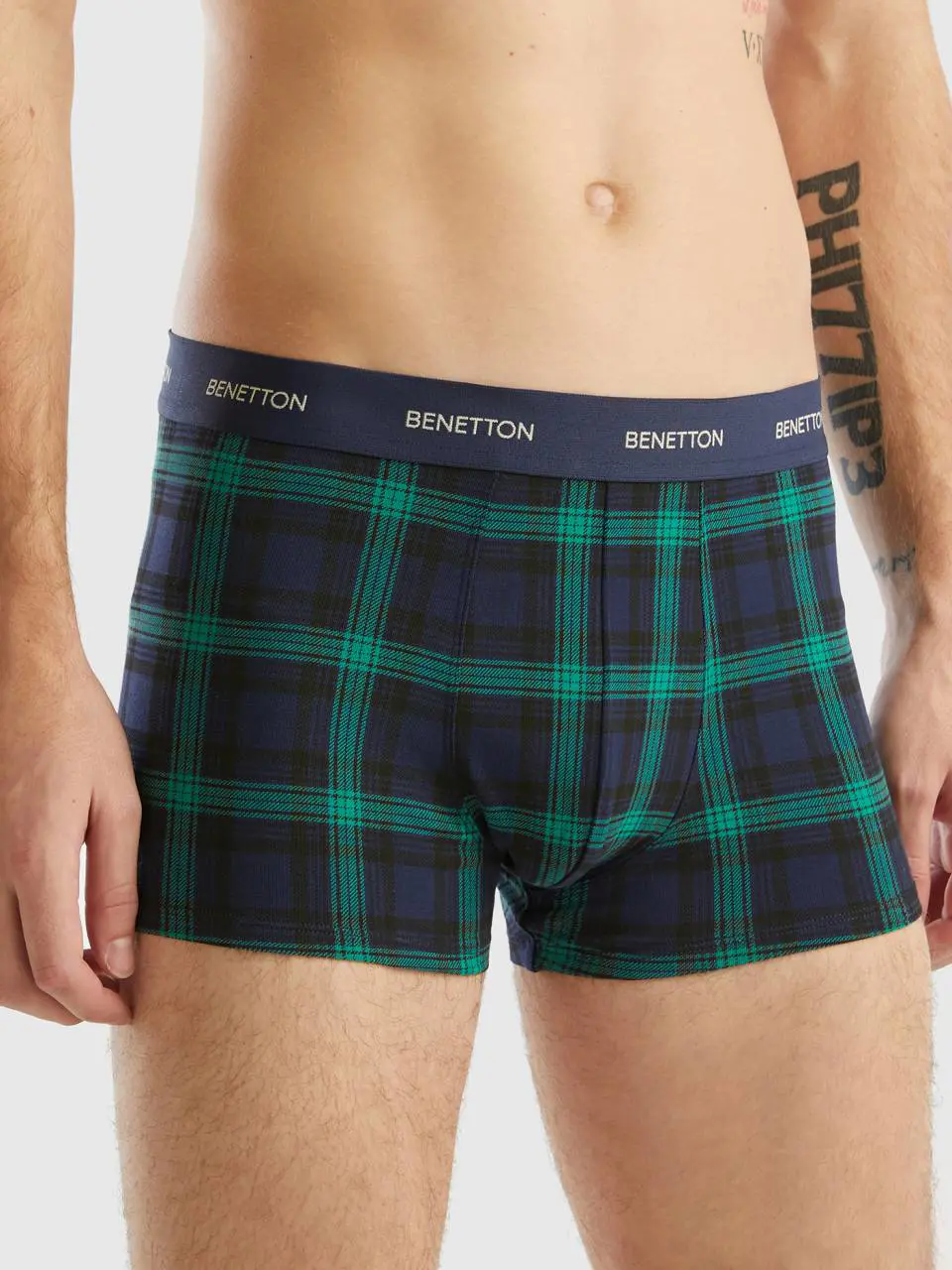 Benetton blue and green tartan boxer shorts. 1