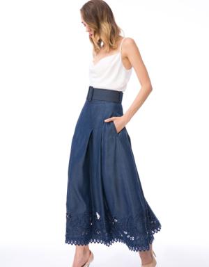 Belted High Waist Embroidered Long Blue Skirt