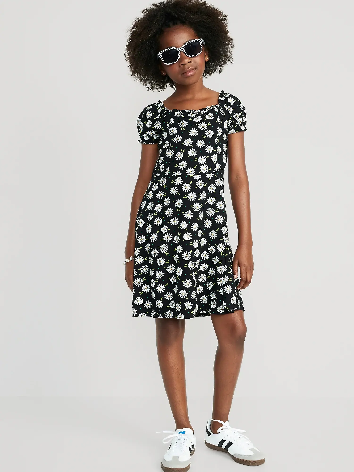 Old Navy Printed Puff-Sleeve Fit & Flare Dress for Girls black. 1