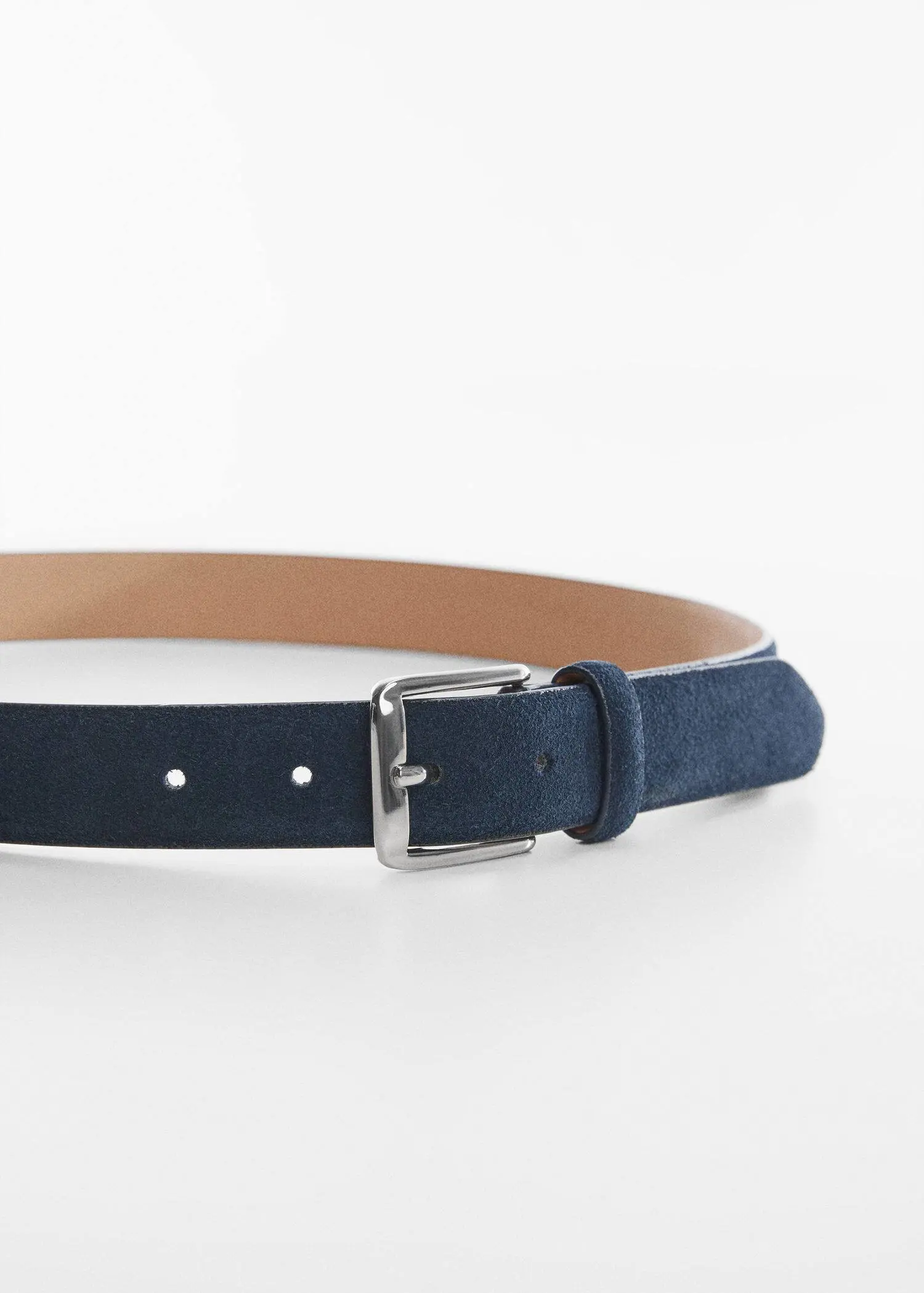 Mango Suede belt. a close-up of a blue belt with a silver buckle. 