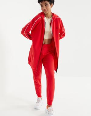 A.kırmızı Kapüşonlu Fermuarlı Kolu Yazı Nakışlı Rahat Form Kadın Eşofman Tunik Takım - 95314