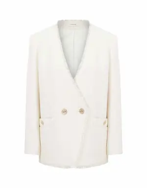 Gold Buttoned Double Breasted Tweed Cream Jacket - 4 / Bone