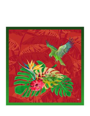 Kırmızı Yeşil Kuş Ve Yaprak Desenli Kadın Şal