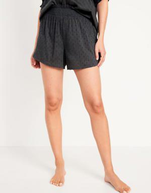 High-Waisted Smocked-Waist Textured Clip-Dot Pajama Shorts for Women -- 4-inch inseam black