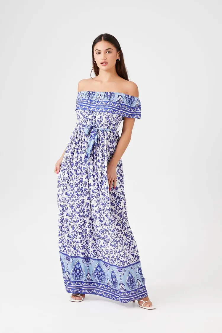 Forever 21 Forever 21 Belted Off the Shoulder Maxi Dress Blue/Multi. 1