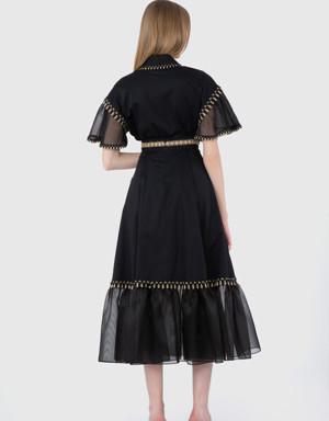 Long Black Skirt With Embroidery And Stripe Detail